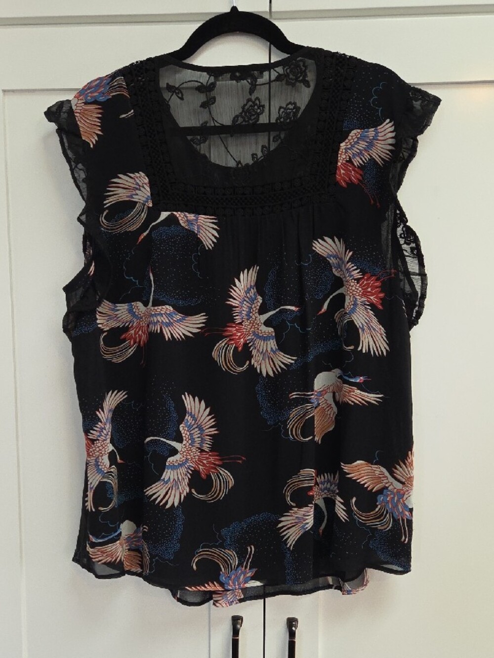 Daniel Rainn Black Bird-Print Flutter Sleeve Blouse - Picture 3 of 9